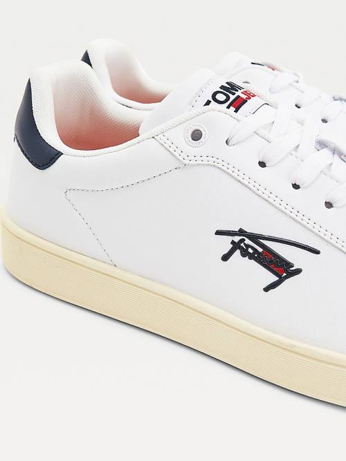 White Tommy Hilfiger Cupsole Leather Logo Men's Sneakers | TH240BMA