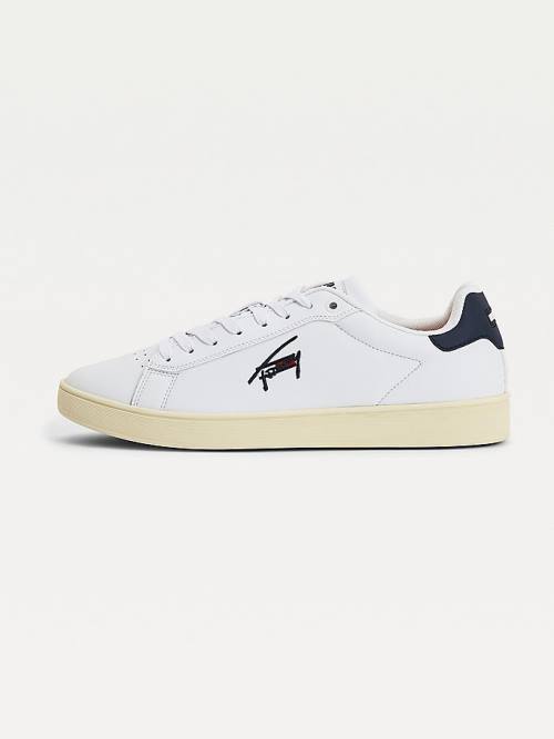 White Tommy Hilfiger Cupsole Leather Logo Men's Sneakers | TH240BMA