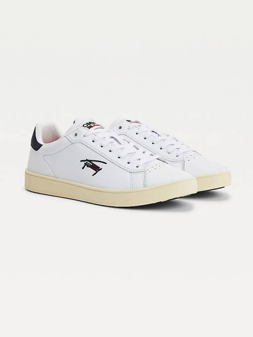 White Tommy Hilfiger Cupsole Leather Logo Men\'s Sneakers | TH240BMA