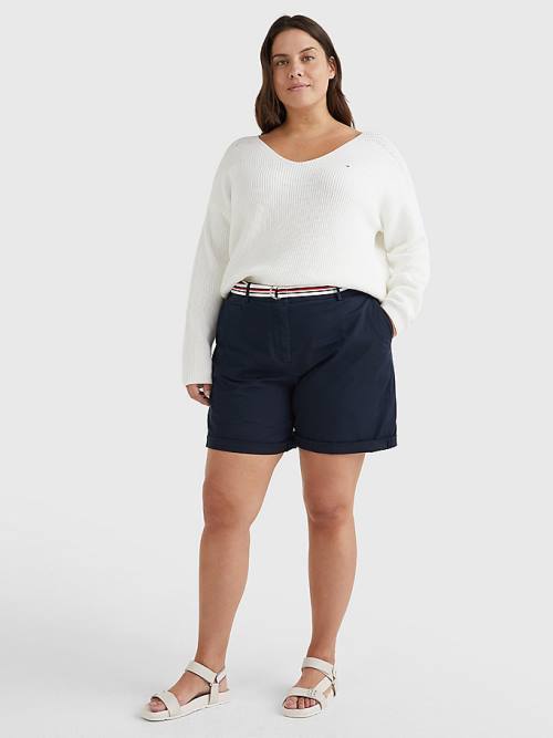 White Tommy Hilfiger Curve Contrast Knit Relaxed Fit V-Neck Jumper Women's Sweaters | TH753AQN