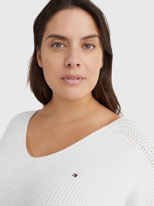 White Tommy Hilfiger Curve Contrast Knit Relaxed Fit V-Neck Jumper Women's Sweaters | TH753AQN