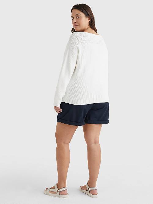 White Tommy Hilfiger Curve Contrast Knit Relaxed Fit V-Neck Jumper Women's Sweaters | TH753AQN