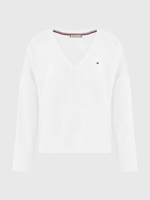 White Tommy Hilfiger Curve Contrast Knit Relaxed Fit V-Neck Jumper Women's Sweaters | TH753AQN