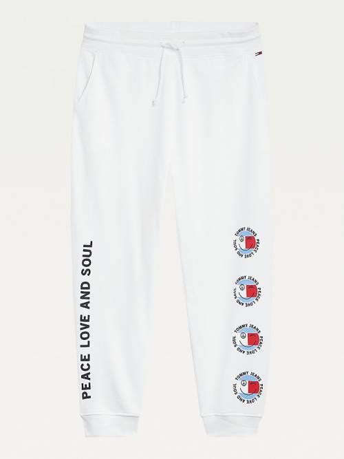 White Tommy Hilfiger Curve Smiley Peace Logo Joggers Women's Pants | TH842DNM