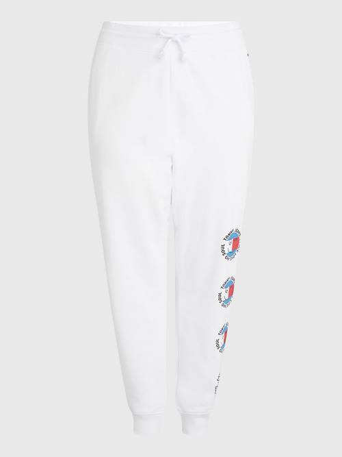 White Tommy Hilfiger Curve Smiley Peace Logo Joggers Women\'s Pants | TH842DNM