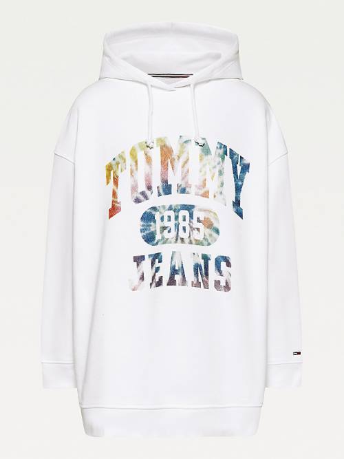 White Tommy Hilfiger Curve Tie-Dye Logo Oversized Women's Hoodie | TH823TPN