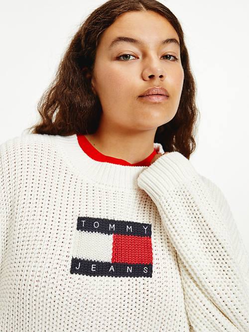 White Tommy Hilfiger Curve Tommy Flag Badge Chunky Knit Jumper Women's Sweaters | TH631WBR