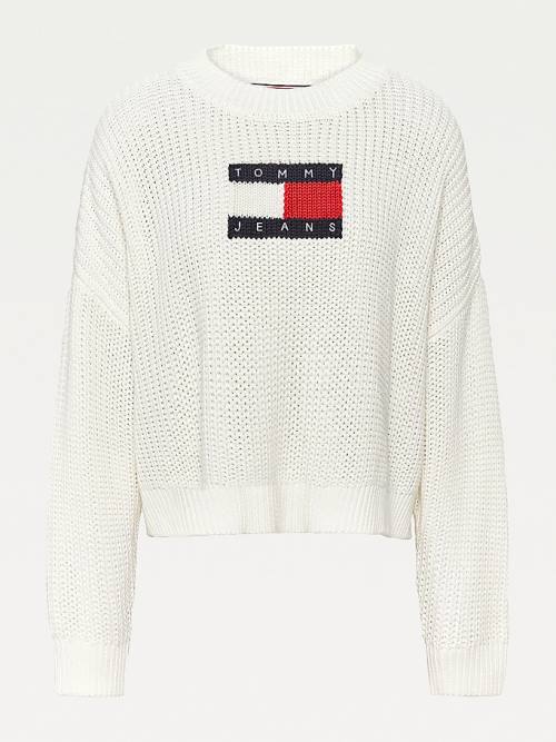 White Tommy Hilfiger Curve Tommy Flag Badge Chunky Knit Jumper Women's Sweaters | TH631WBR