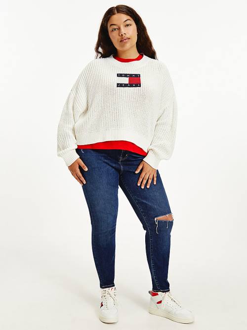 White Tommy Hilfiger Curve Tommy Flag Badge Chunky Knit Jumper Women\'s Sweaters | TH631WBR