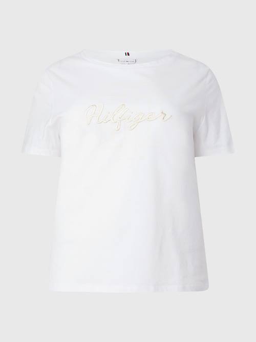 White Tommy Hilfiger Curve Tonal Script Logo Organic Cotton Women's T Shirts | TH681KIM