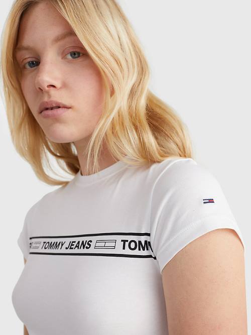 White Tommy Hilfiger Cut Out Logo Tape Bodysuit Women's T Shirts | TH683JVW