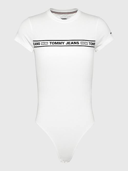 White Tommy Hilfiger Cut Out Logo Tape Bodysuit Women's T Shirts | TH683JVW