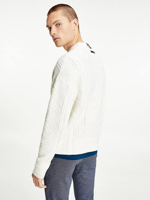 White Tommy Hilfiger Elevated Oversized Signature Aran Jumper Men's Sweaters | TH953PZL