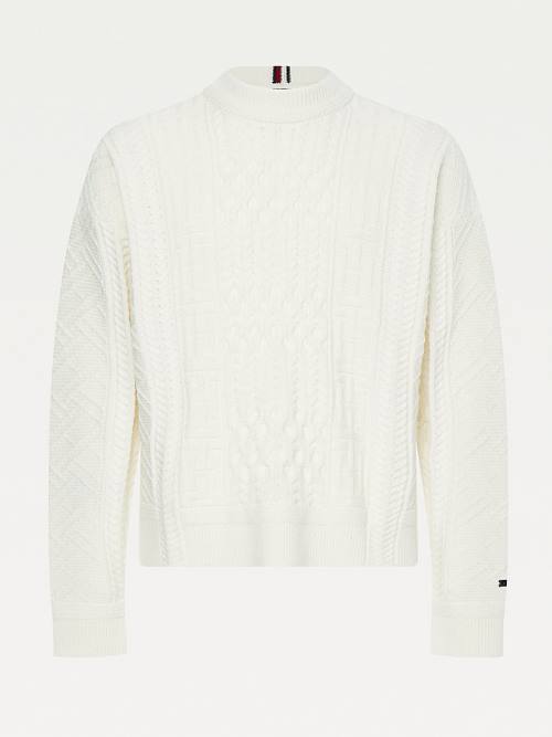 White Tommy Hilfiger Elevated Oversized Signature Aran Jumper Men's Sweaters | TH953PZL