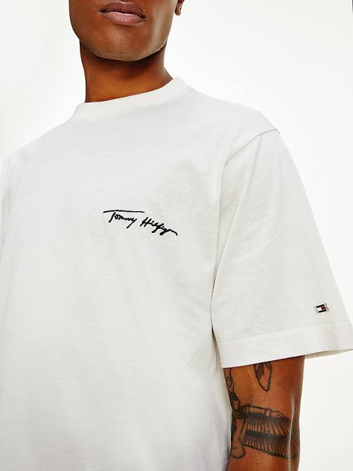 White Tommy Hilfiger Elevated Signature Embroidery Men's T Shirts | TH410QUF