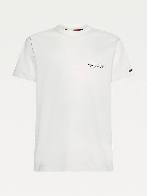 White Tommy Hilfiger Elevated Signature Embroidery Men's T Shirts | TH410QUF