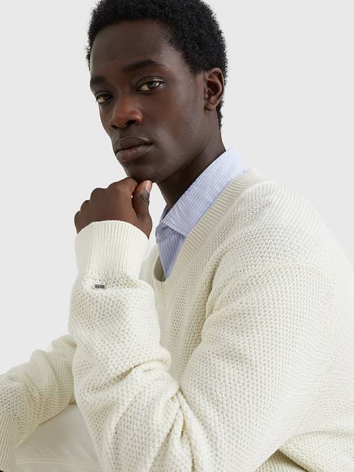 White Tommy Hilfiger Elevated Textured V-Neck Jumper Men's Sweaters | TH436KAU