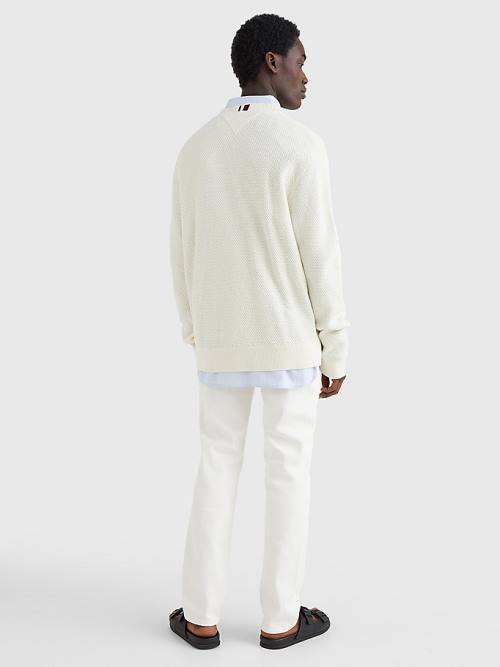 White Tommy Hilfiger Elevated Textured V-Neck Jumper Men's Sweaters | TH436KAU