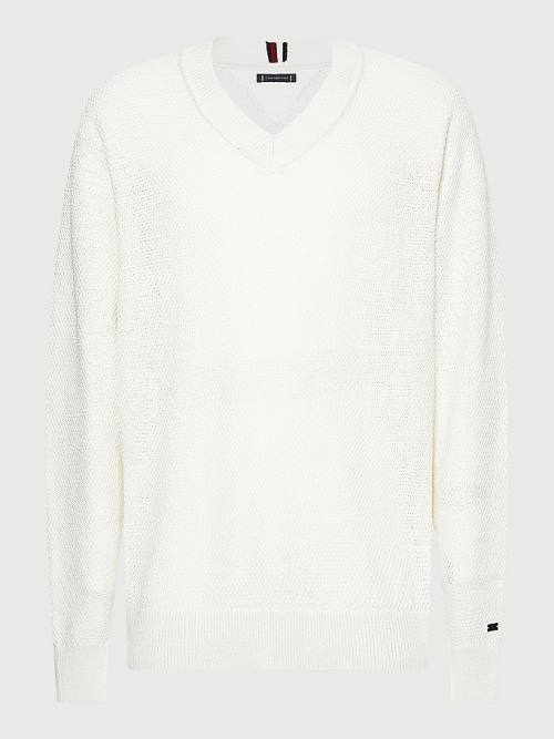 White Tommy Hilfiger Elevated Textured V-Neck Jumper Men's Sweaters | TH436KAU