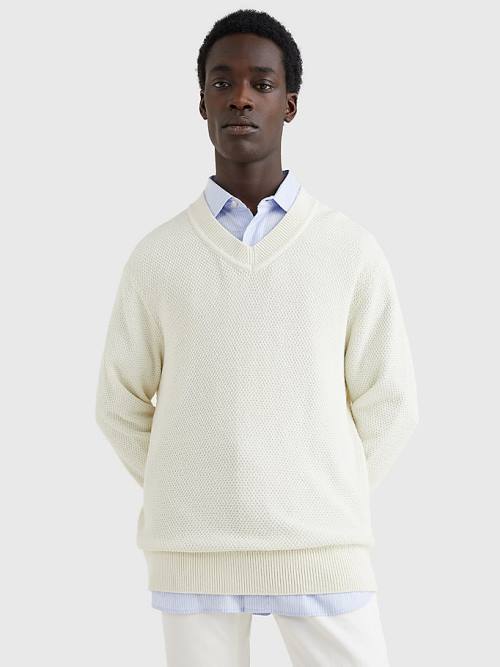 White Tommy Hilfiger Elevated Textured V-Neck Jumper Men\'s Sweaters | TH436KAU