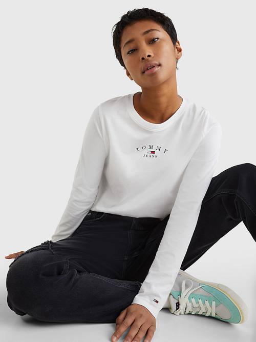 White Tommy Hilfiger Essential Logo Slim Fit Long Sleeve Women's T Shirts | TH347GEA