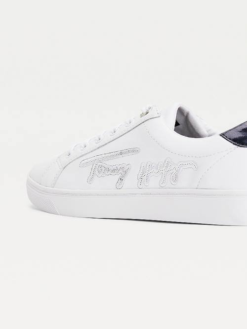 White Tommy Hilfiger Essential Signature Sequin Cupsole Leather Women's Sneakers | TH063QJM