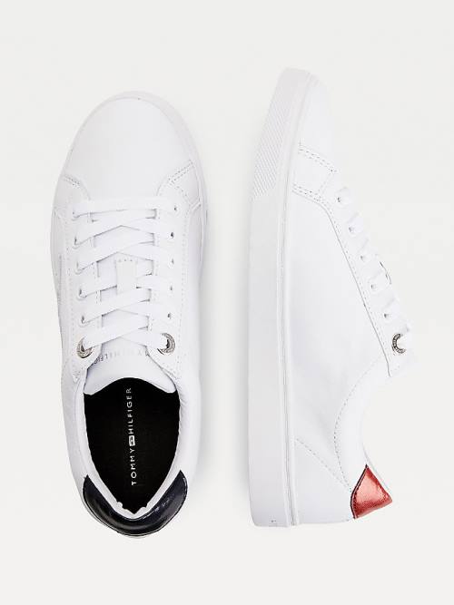 White Tommy Hilfiger Essential Signature Sequin Cupsole Leather Women's Sneakers | TH063QJM