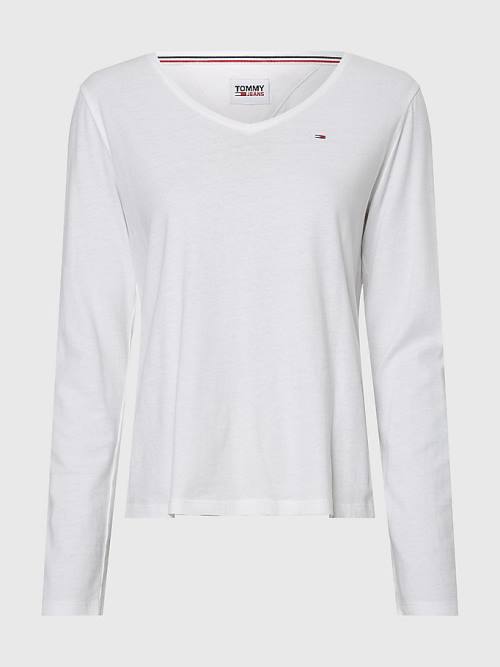 White Tommy Hilfiger Essential V-Neck Long Sleeve Women's T Shirts | TH685AUI