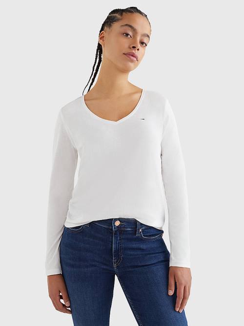 White Tommy Hilfiger Essential V-Neck Long Sleeve Women\'s T Shirts | TH685AUI