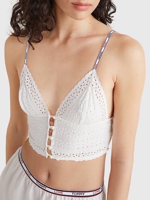 White Tommy Hilfiger Eyelet Lace Longline Bra Women's Underwear | TH089VZW