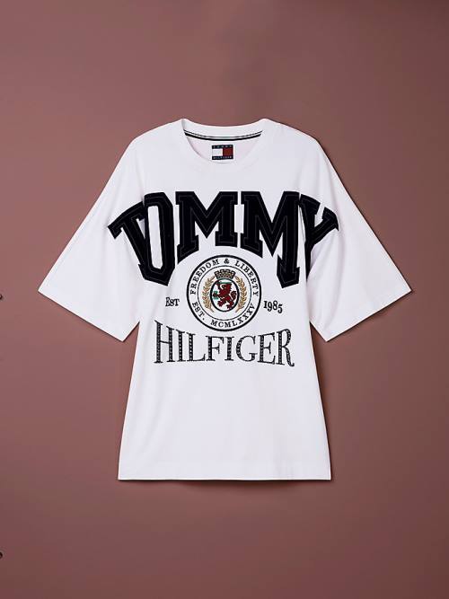 White Tommy Hilfiger Festive Logo Crest Men's T Shirts | TH790TMX