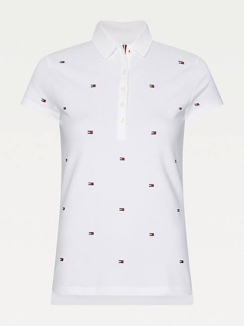 White Tommy Hilfiger Flag Embroidery Slim Fit Women's Polo Shirts | TH486HOJ