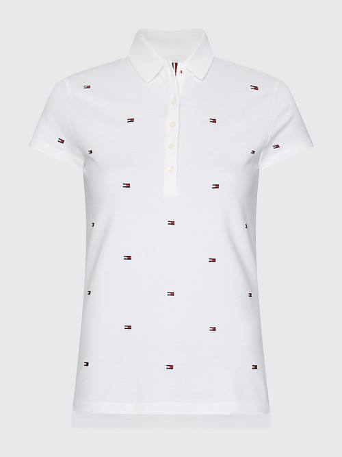 White Tommy Hilfiger Flag Embroidery Slim Fit Women\'s Polo Shirts | TH486HOJ