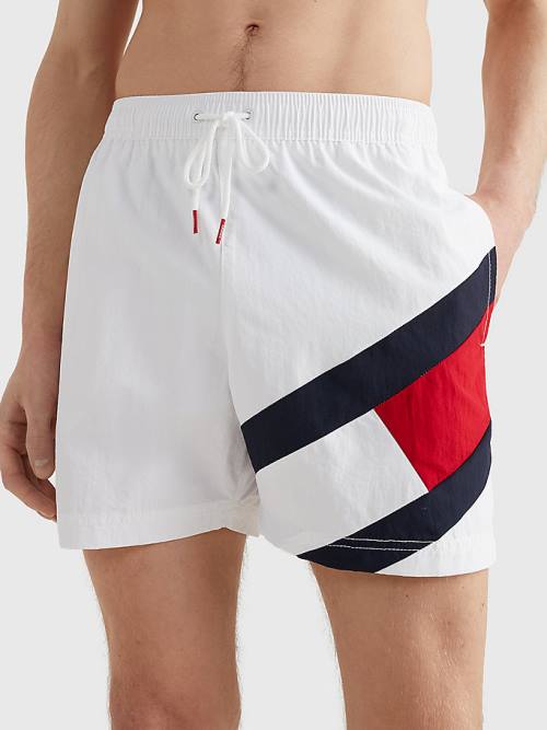 White Tommy Hilfiger Flag Mid Length Drawstring Shorts Men's Swimwear | TH261KIB