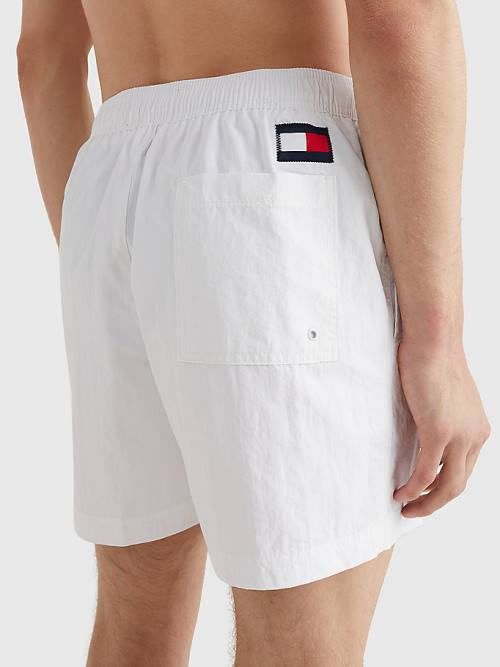 White Tommy Hilfiger Flag Mid Length Drawstring Shorts Men's Swimwear | TH261KIB