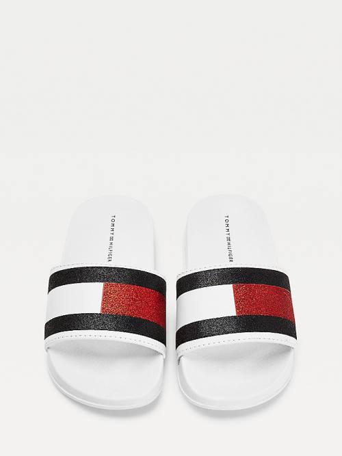 White Tommy Hilfiger Flag Print Slides Girls' Sandals | TH218ATO