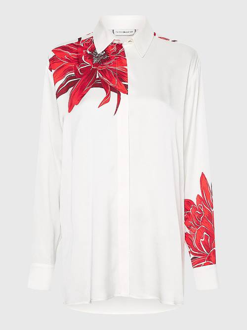 White Tommy Hilfiger Floral Satin Relaxed Fit Women's Blouse | TH897IAW