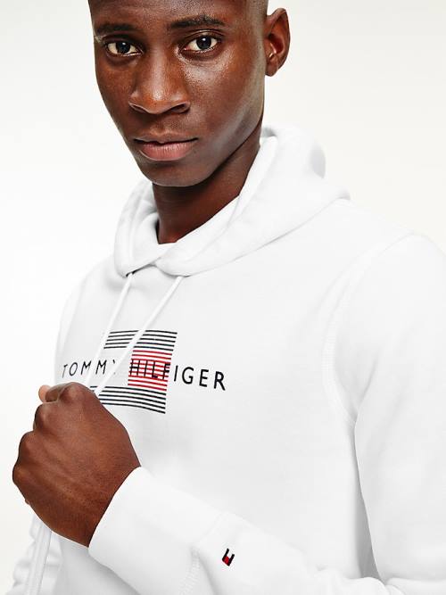 White Tommy Hilfiger Front Logo Organic Cotton Fleece Men's Hoodie | TH639EPA