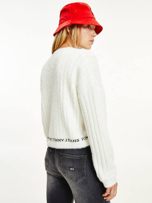 White Tommy Hilfiger Furry Cropped Cardigan Women's Sweaters | TH652WAB