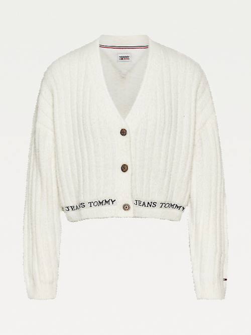 White Tommy Hilfiger Furry Cropped Cardigan Women's Sweaters | TH652WAB