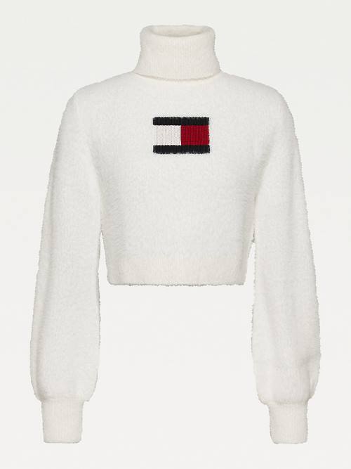 White Tommy Hilfiger Furry Flag Roll Neck Jumper Women's Sweaters | TH351LBJ