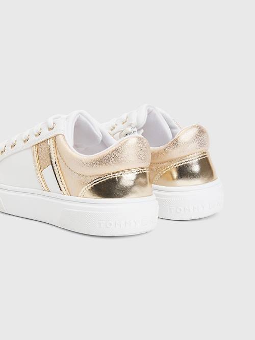 White Tommy Hilfiger Glitter Metallic Flag Zip Girls' Sneakers | TH362ZLV