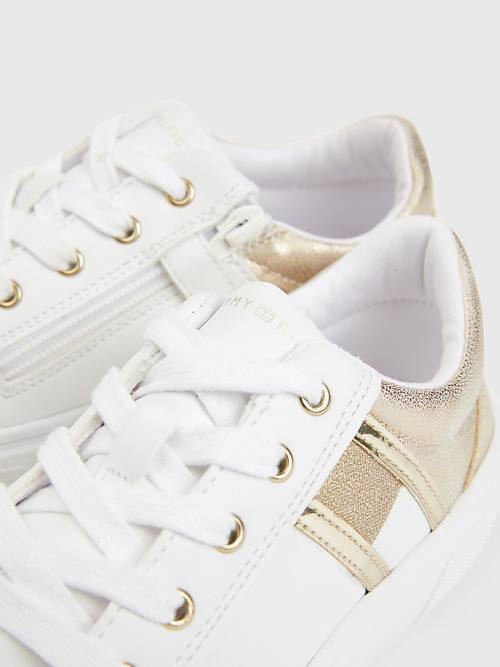 White Tommy Hilfiger Glitter Metallic Flag Zip Girls' Sneakers | TH362ZLV