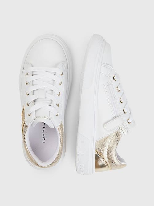 White Tommy Hilfiger Glitter Metallic Flag Zip Girls' Sneakers | TH362ZLV