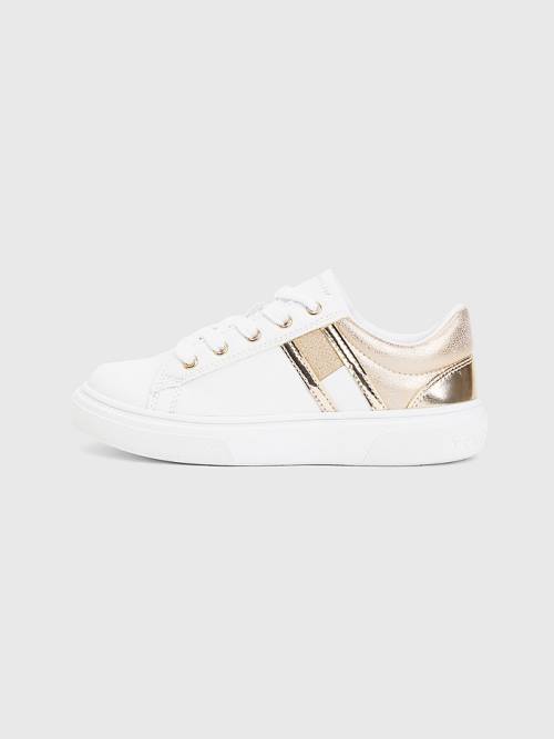 White Tommy Hilfiger Glitter Metallic Flag Zip Girls' Sneakers | TH362ZLV