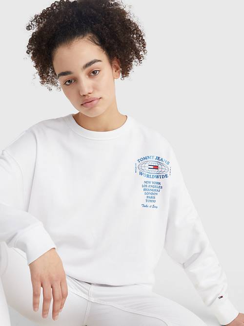 White Tommy Hilfiger Globe Logo Oversized Fit Women's Sweatshirts | TH891ULB