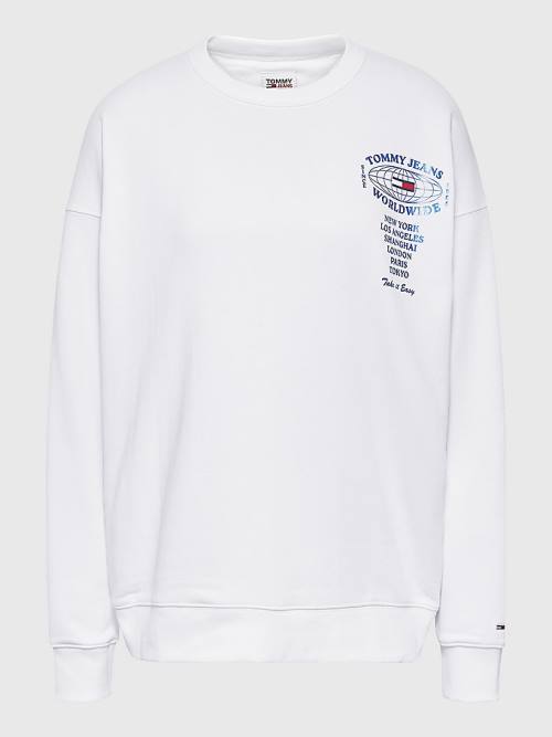 White Tommy Hilfiger Globe Logo Oversized Fit Women's Sweatshirts | TH891ULB