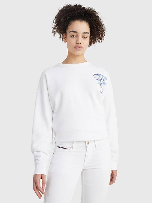 White Tommy Hilfiger Globe Logo Oversized Fit Women\'s Sweatshirts | TH891ULB