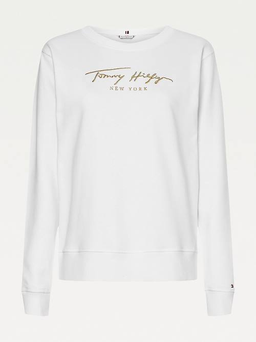 White Tommy Hilfiger Gold Signature Embroidery Crew Neck Women's Sweatshirts | TH209KPS