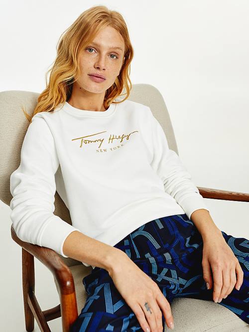 White Tommy Hilfiger Gold Signature Embroidery Crew Neck Women\'s Sweatshirts | TH209KPS